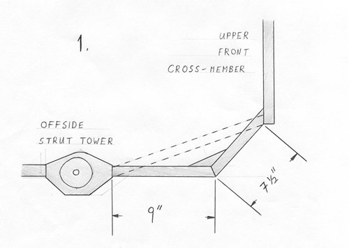 Quantum 2+2 upper near side engine frame modification to fit the Zetec engine.  Diagram supplied by Daryl Webb.